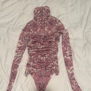 Free People Pink and Cream Patterned Bodysuit